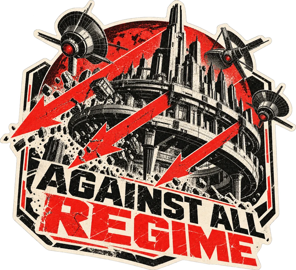 Against all regime. An orbital city, surveillance satellites and three red arrows.