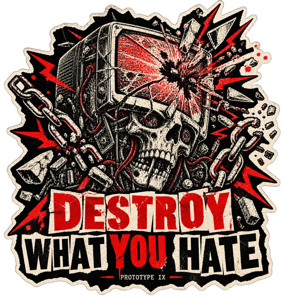 Destroy what you hate. A shattered cybernetic screen and broken chains.