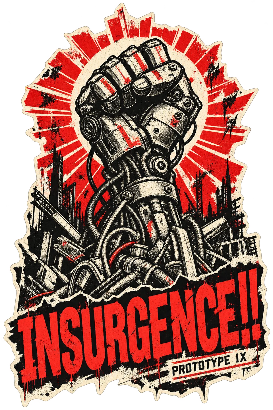 Insurgence!! A rusted mechanical fist rising above industrial ruins.