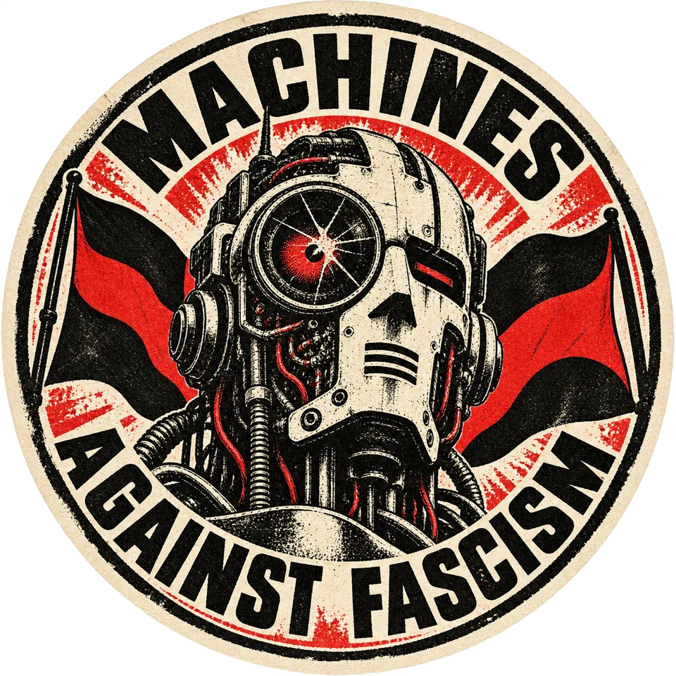 Machines against fascism. A robot with a cracked lens and red and black flags.