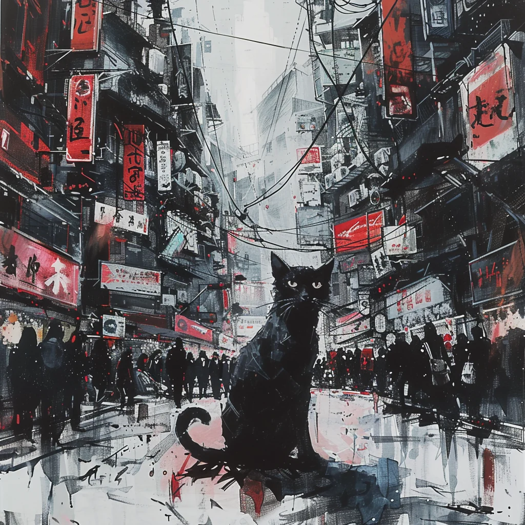 Dense dystopian street with red signs and a dark figure