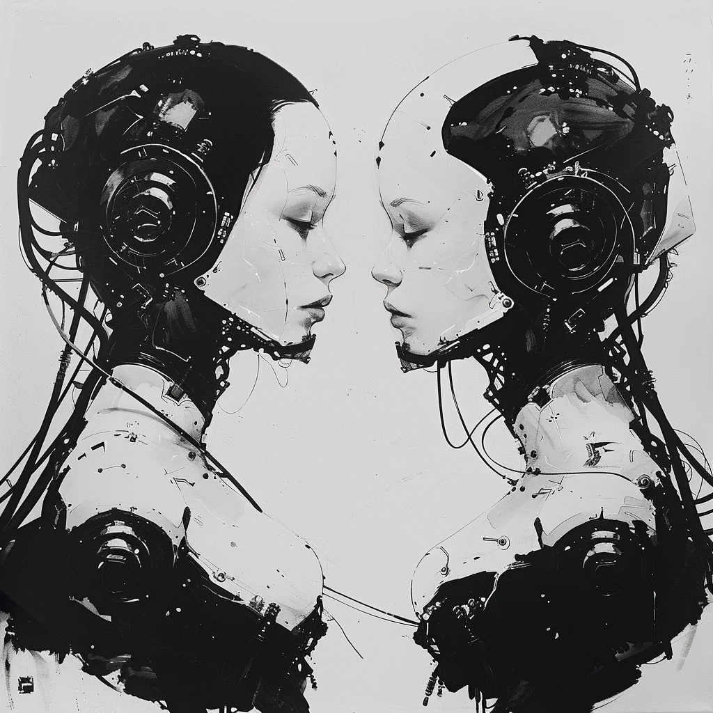 Two monochrome cybernetic figures facing each other