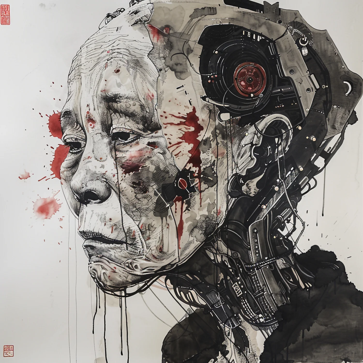Profile of a human face intersecting exposed mechanical structures and red markings