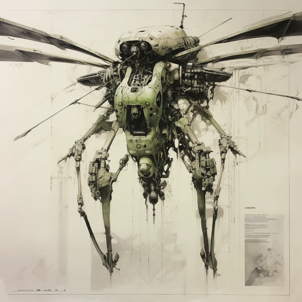 Pale green mechanical figure with multiple long articulated limbs