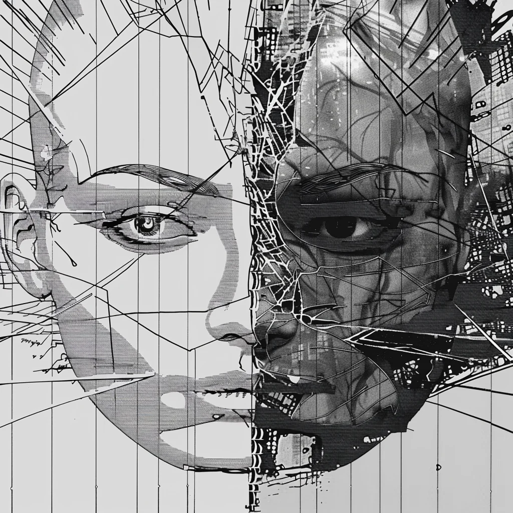 A sketched face crossed by geometric structures and digital fragments