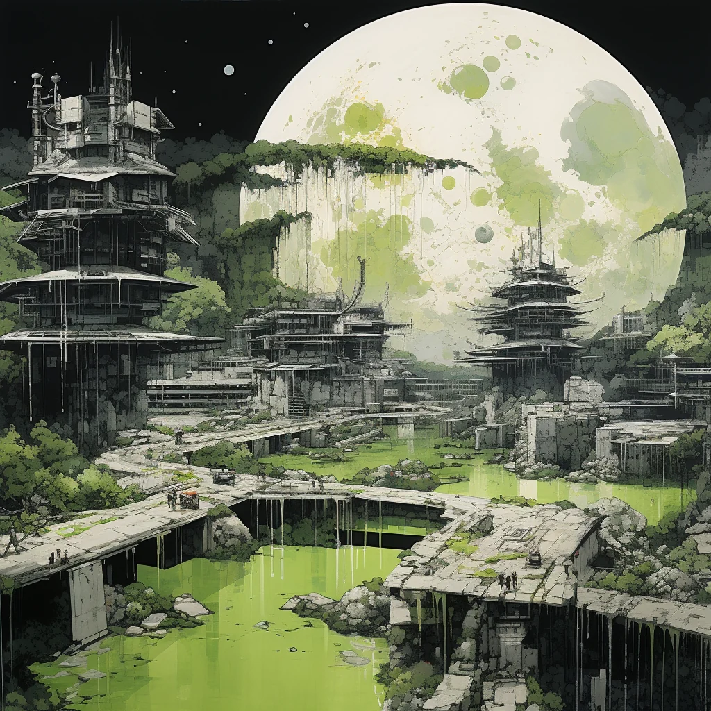 Layered futuristic architecture beneath a green-tinted celestial sphere